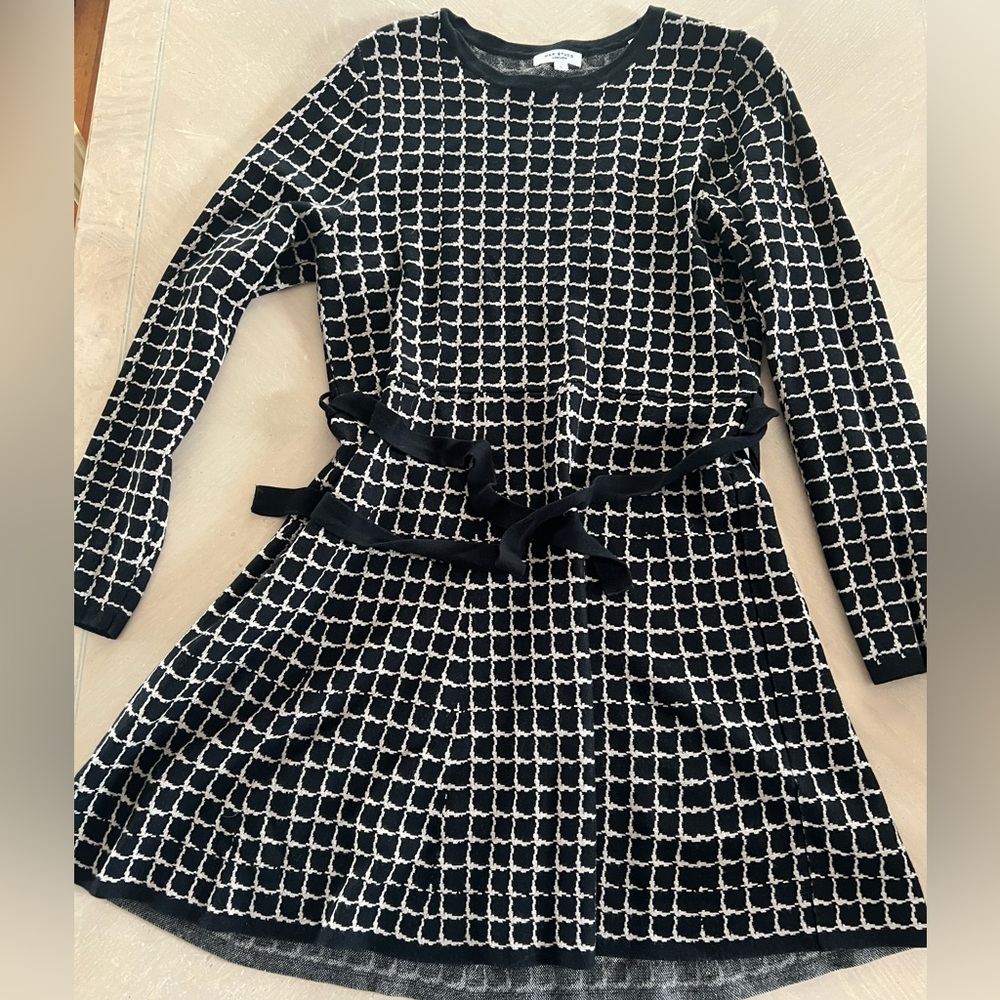 Max Studio Black & White Grid Knit Mini Dress with Waist Tie